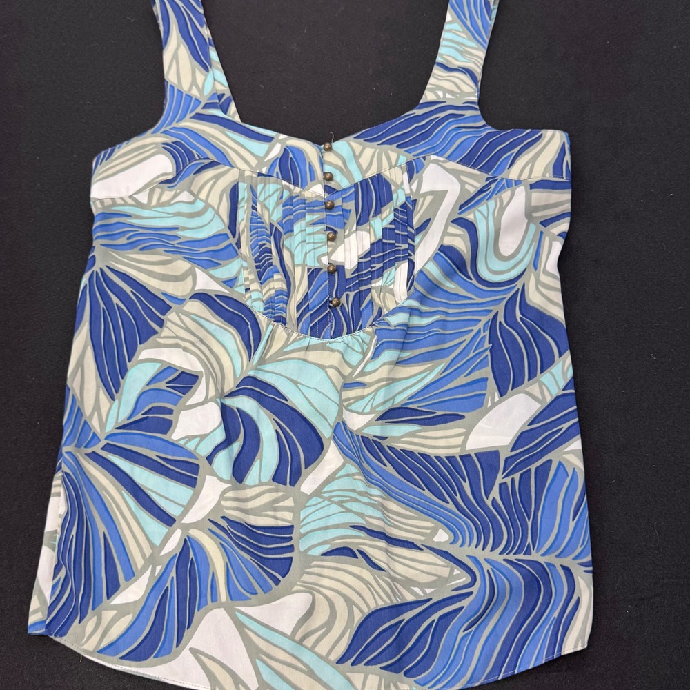 Banana Republic Blue Tropical Leaf Print Pleated Bib Sleeveless Blouse Size 8